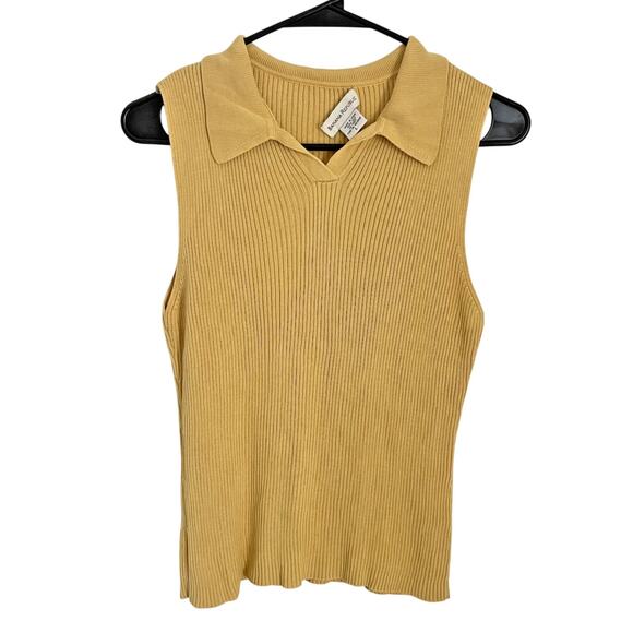 Y2K Banana Republic 100% Silk Knit Tank Top Collared Sleeveless Ribbed Yellow L - Picture 1 of 6